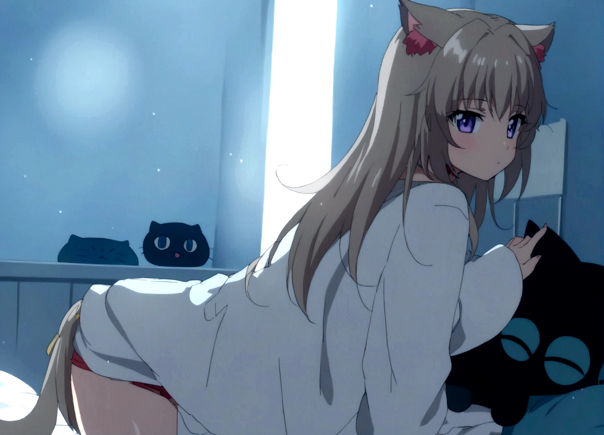 anime girl with cat ears sitting on a bed with a cat pillow, anime catgirl, cute anime catgirl, beautiful anime catgirl, very beautiful anime cat girl, white cat girl, beautiful anime girl squatting, catgirl, anime cat, nekomimi, attractive cat girl, holo is a wolf girl, anime moe artstyle, seductive anime girl