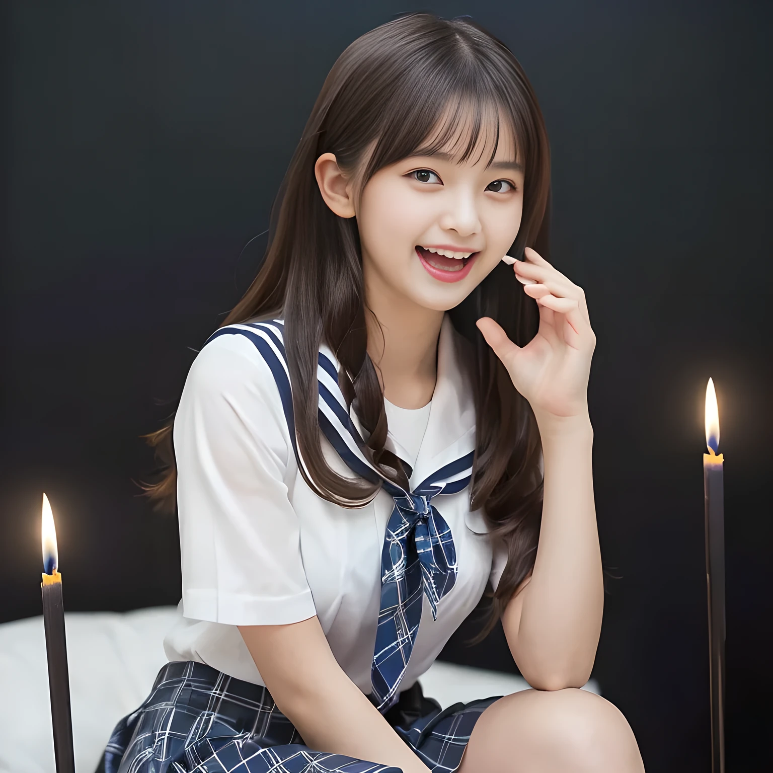 (highest quality, masterpiece:1.2), highest quality, High resolution, 1080P, 8K, Height: 150cm, ((A noble and intelligent girl like Japanese cute girly lady is hypnotizing and giggling, A very sweet, very noble, pretty and neat Japanese beautiful cute girl. Realistic very girly sweet cute noble girl like a princess is seated in many evil candles)), ((Completely black room with candles)), ((((, popular Japanese fashion model)))), ((((Extremely pure white face and hands and legs, too much white skin)))), Glossy lips, (Evenly cut bangs), ((Very beautifully laughing brown drooping gooey cute neat noble eyes)), ((straight black very very long straight hair)), Very lustrous, glossy lips, Open hand over open mouth, Beautiful hair like a hair model, Watching the viewer and laughing, ((Incredibly well organized, The expression is rich. plump and beautiful skin and face)), ((Pure and clear sweetly smiling eyes)), ((smiling at me)), Glossy Lips, ((noble and neat)), ((Like a succubus is fascinating with magic and giggling)), ((((A succubus is fascinating and calling to the deeper place forever)))), ((highly up-curved lips)), ((looking at the viewer directly)), white hands, ((Navy girls high school sailor uniform, Navy uniform sailor collar, Navy uniform checkered pleated skirt, Navy school shirt, Blue string ribbon tie)), ((((An ecstatic expression of boundless joy)))), ((black background))