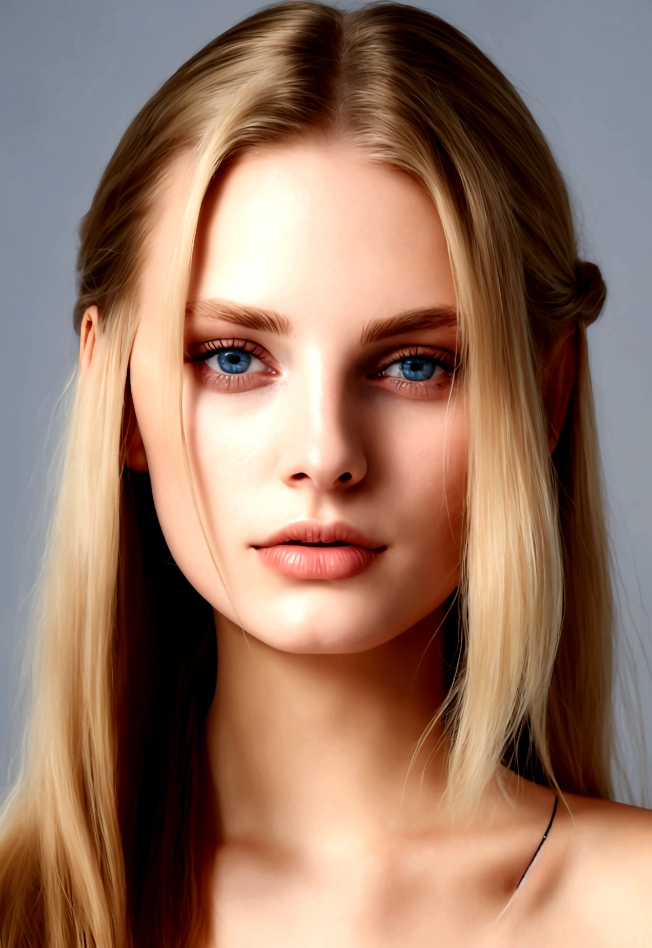 19 year old girl, half blonde and half brown hair, slickedback hair, very clear skin, rounded face, smooth and beautiful skin, realisitic, best image, high qualiy,