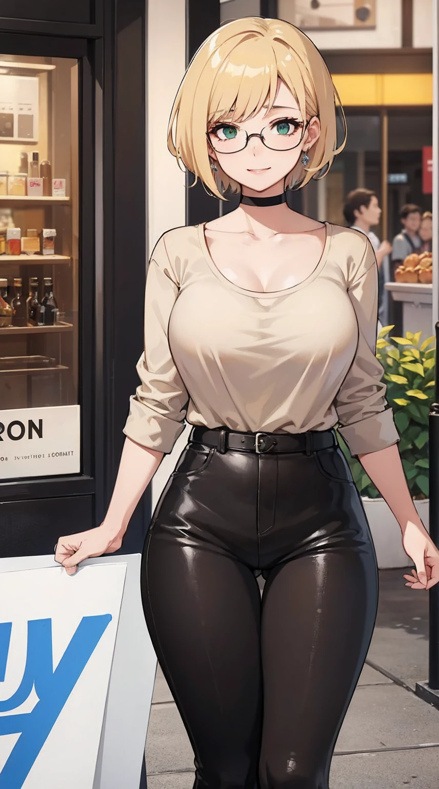 In a busy shopping center environment, Woman with white skin, short blonde hair with a gentle gradient to light brown tone, and green eyes with brown tints, exudes infectious joy. His face is decorated with transparent glasses., emphasizing the charming expression of your cheerful eyes. She wears a soft casual outfit., short white blouse, complemented by a light and comfortable skirt. The set reveals an unpretentious and elegant style., ideal for a relaxed shopping atmosphere. Your radiant smile lights up the room, reflecting happiness, which she finds, walking around this place. short, Dynamic hair has a subtle gradient from light to light brown., add a touch of excitement to your look. Your green eyes, with a hint of brown, convey captivating cheerfulness, reflecting excitement and curiosity, that she is experiencing, walking through the shopping center. The lively atmosphere of a shopping center becomes an ideal place to express satisfaction and joy... Every detail around you, from the colorful shop windows to the bustle of shoppers, Seems, helps create a bright atmosphere, which she happily absorbs. Careful description conveys this scene in every detail., from the casual elegance of his clothes to the infectious vivacity of his expression, creating a vibrant and captivating image of that moment of happiness and relaxation in a shopping mall.,,UHDD, retina, main part, anatomically correct, necessary, Textured leather, Super Detail, high detail, high quality, Provided, Best quality, high, 1080P, HDD, 4K, 8 k, 16K