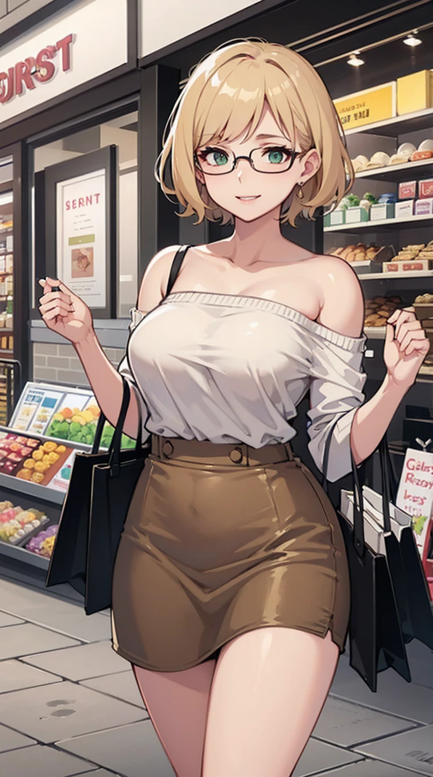 In a busy shopping center environment, Woman with white skin, short blonde hair with a gentle gradient to light brown tone, and green eyes with brown tints, exudes infectious joy. His face is decorated with transparent glasses., emphasizing the charming expression of your cheerful eyes. She wears a soft casual outfit., short white blouse, complemented by a light and comfortable skirt. The set reveals an unpretentious and elegant style., ideal for a relaxed shopping atmosphere. Your radiant smile lights up the room, reflecting happiness, which she finds, walking around this place. short, Dynamic hair has a subtle gradient from light to light brown., add a touch of excitement to your look. Your green eyes, with a hint of brown, convey captivating cheerfulness, reflecting excitement and curiosity, that she is experiencing, walking through the shopping center. The lively atmosphere of a shopping center becomes an ideal place to express satisfaction and joy... Every detail around you, from the colorful shop windows to the bustle of shoppers, Seems, helps create a bright atmosphere, which she happily absorbs. Careful description conveys this scene in every detail., from the casual elegance of his clothes to the infectious vivacity of his expression, creating a vibrant and captivating image of that moment of happiness and relaxation in a shopping mall.,,UHDD, retina, main part, anatomically correct, necessary, Textured leather, Super Detail, high detail, high quality, Provided, Best quality, high, 1080P, HDD, 4K, 8 k, 16K