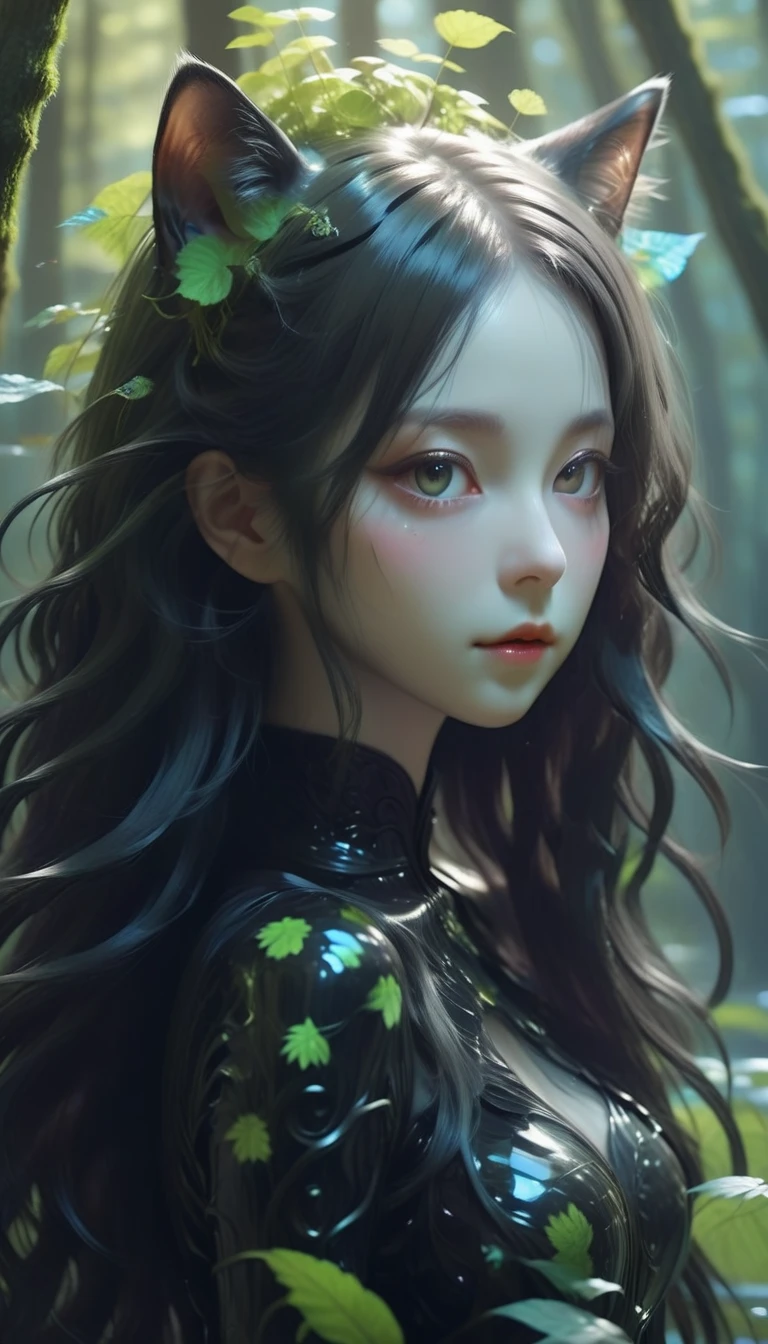 Black Cat Girl,(A girl made from fresh plants),forest,plant,Beautiful psychedelic psychedelic black complex,Cute face,Long Hair,8K、ゴールデンアワーのforest　Reflection on the lake