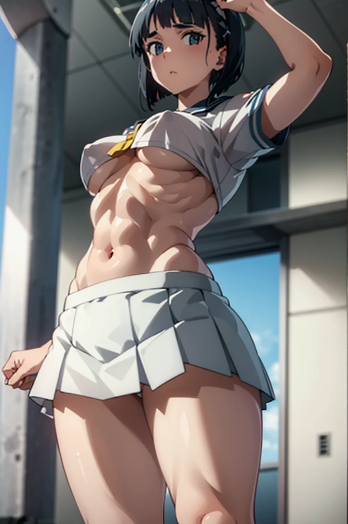 1 female,Suguha Kirigaya,white sailor suit,short sleeved,covered nipples,croptop,gray low-rise micro pleated skirt,breasts,slimbody:2