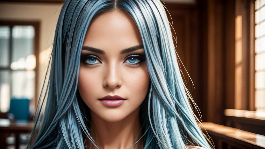 1girl, long light blue hair, beautiful detailed eyes, beautiful detailed lips, extremely detailed face, longeyelashes, dark blue , sitting in classroom, anime, realistic, photorealistic, photo-realistic:1.37, best quality,4k,8k,highres,masterpiece:1.2,ultra-detailed,(realistic,photorealistic,photo-realistic:1.37),HDR,UHD,studio lighting,ultra-fine painting,sharp focus,physically-based rendering,extreme detail description,professional,vivid colors,bokeh