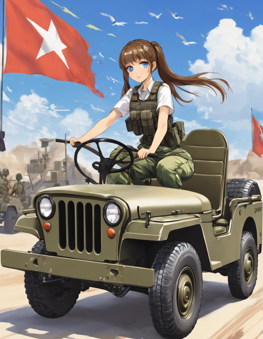 BREAK Perfect Anatomy、(High resolution:1.2)、Incredible illustrations、(Cute illustrations:1.2)、
()(dynamic angle,) (Beautiful background(army base))
1girl((brown hair,twin tails, tanned skin: 1.3,blue eyes,fang)1girl((a girl,slender 1.7meters, 45kg, ((Work caps, T-shirts, cargo pants, military boots),,)),Female soldier driving a military jeep