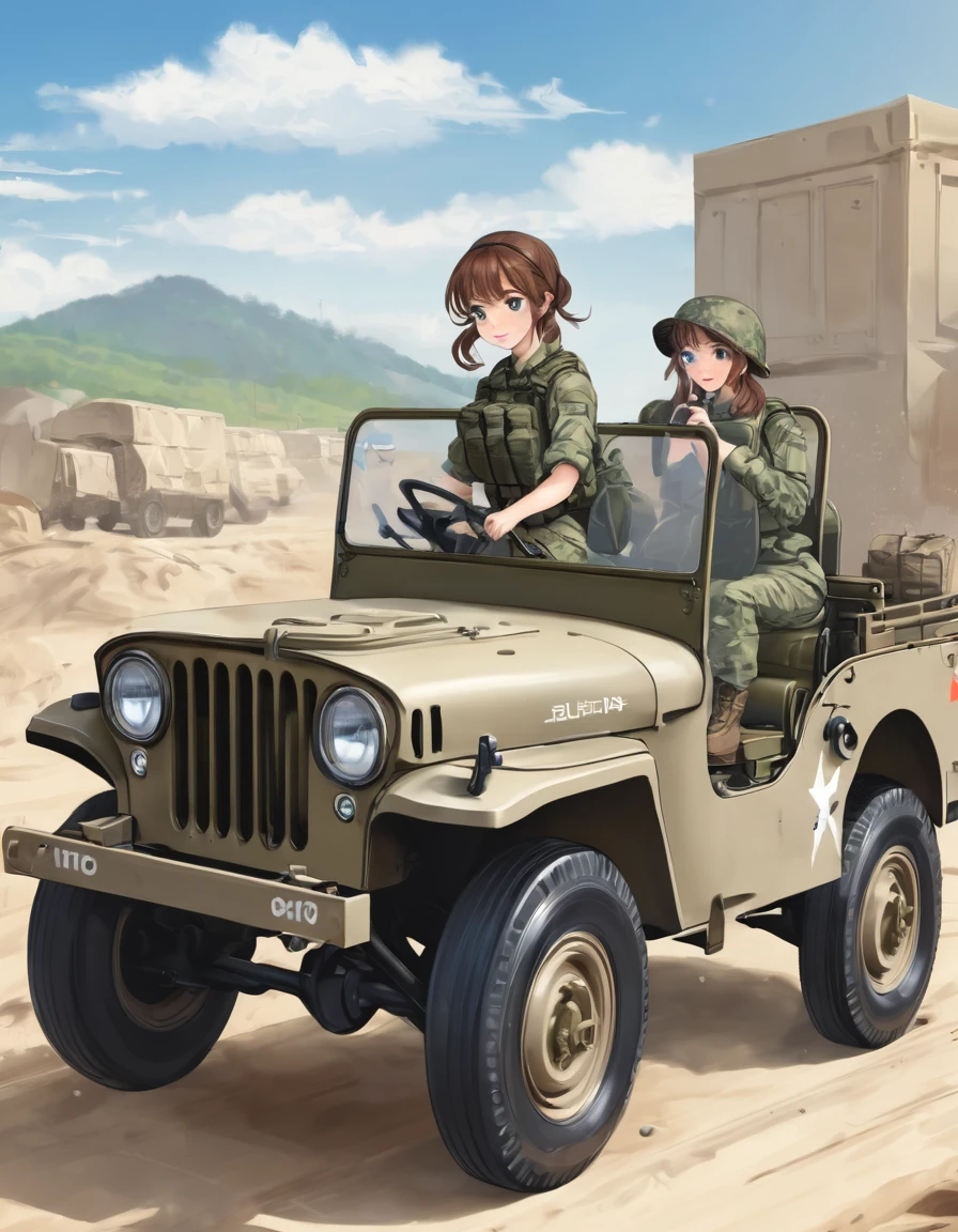 BREAK Perfect Anatomy、(High resolution:1.2)、Incredible illustrations、(Cute illustrations:1.2)、
()(dynamic angle,) (Beautiful background(army base))
1girl((brown hair,twin tails, tanned skin: 1.3,blue eyes,fang)1girl((a girl,slender 1.7meters, 45kg, ((Work caps, T-shirts, cargo pants, military boots),,)),Female soldier driving a military jeep