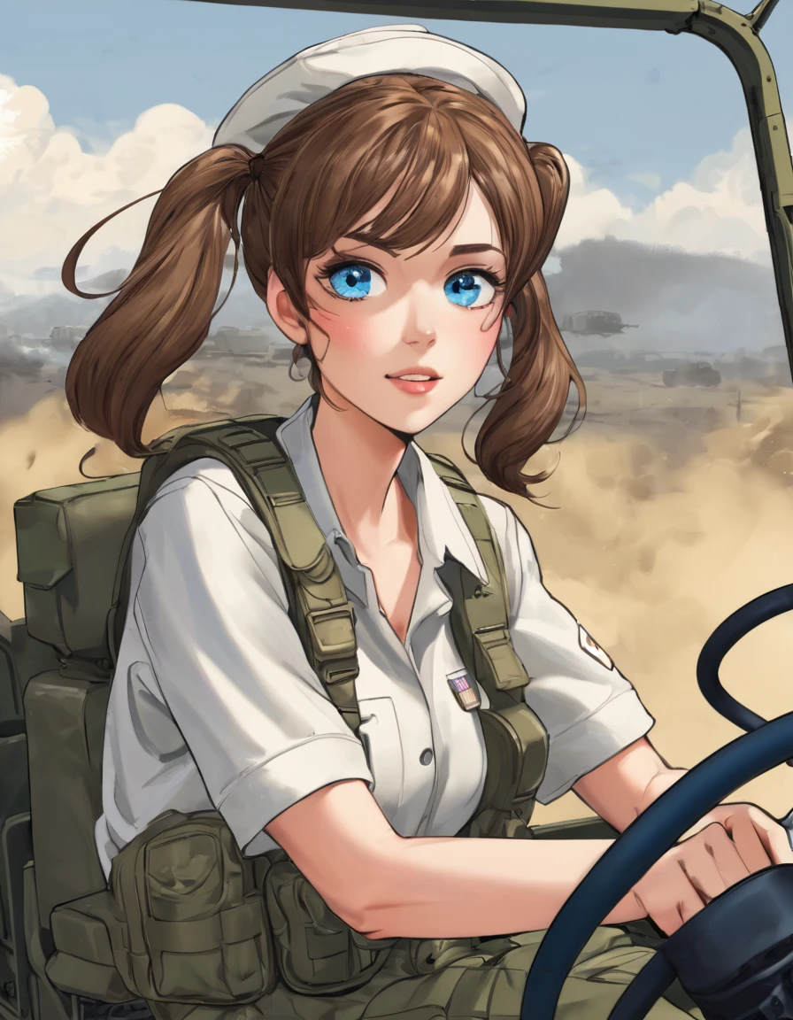 BREAK Perfect Anatomy、(High resolution:1.2)、Incredible illustrations、(Cute illustrations:1.2)、
()(dynamic angle,) (Beautiful background(army base))
1girl((brown hair,twin tails, tanned skin: 1.3,blue eyes,fang)1girl((a girl,slender 1.7meters, 45kg, ((Work caps, T-shirts, cargo pants, military boots),,)),Female soldier driving a military jeep