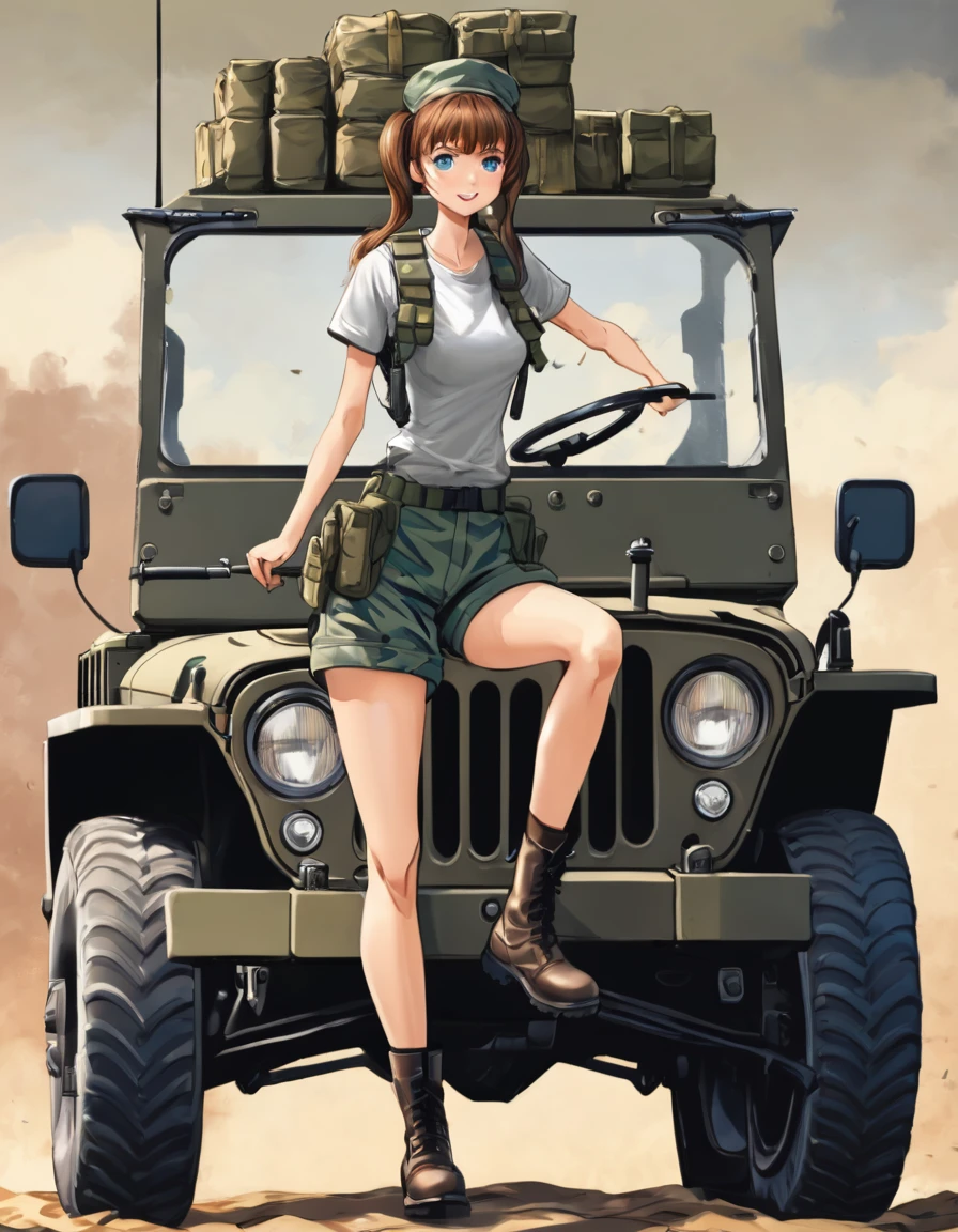 BREAK Perfect Anatomy、(High resolution:1.2)、Incredible illustrations、(Cute illustrations:1.2)、
()(dynamic angle,) (Beautiful background(army base))
1girl((brown hair,twin tails, tanned skin: 1.3,blue eyes,fang)1girl((a girl,slender 1.7meters, 45kg, ((Work caps, T-shirts, cargo pants, military boots),,)),Female soldier driving a military jeep