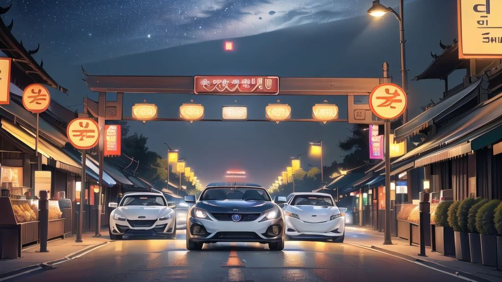 (ร้านอาหารริมroad :1.5),road ,(รถวิ่งบนroad:1.6) capital landscape:1.5 ,(Many cars:1.5) ,nighttime