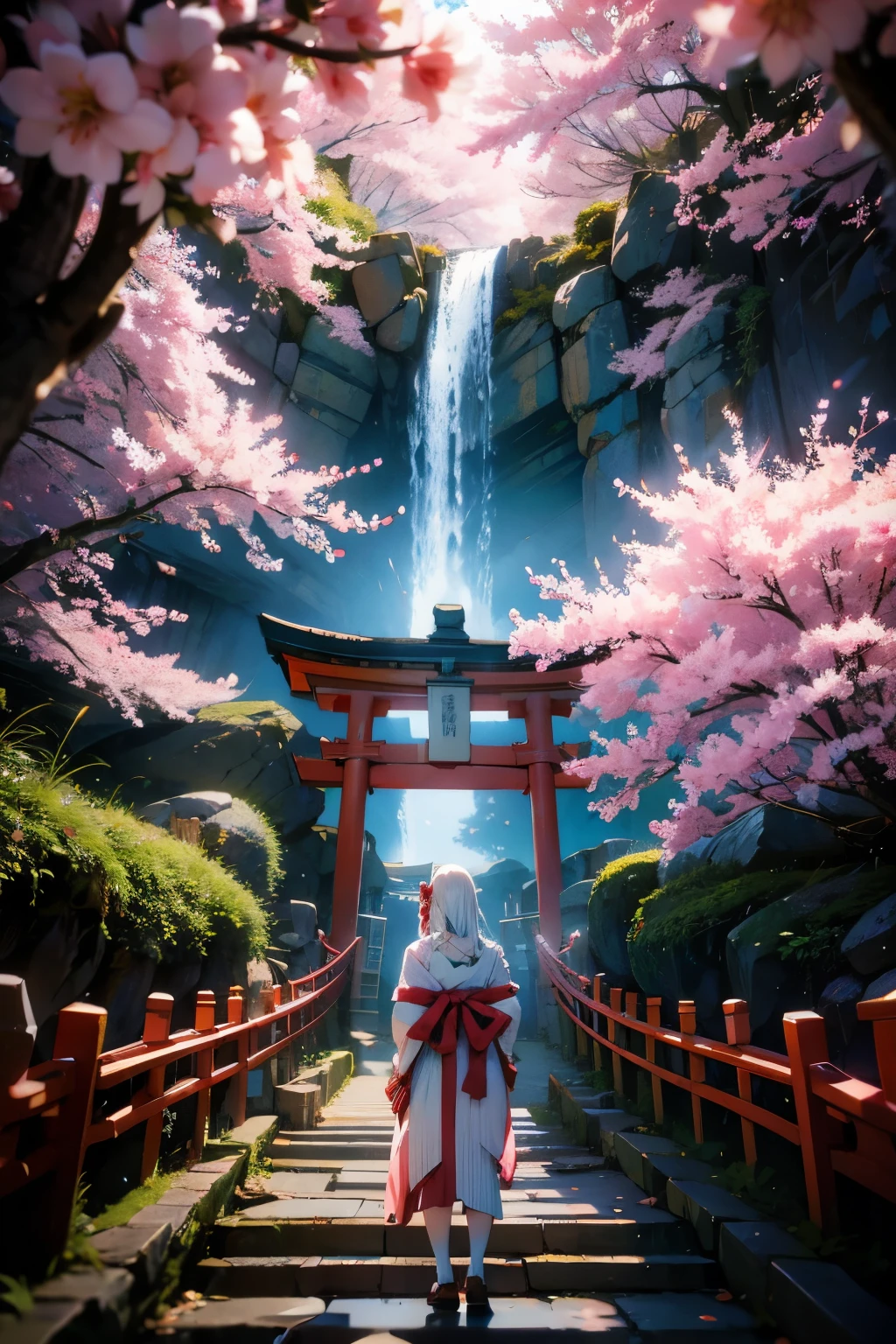 Shrine maiden,Girl with white hair，
Beautiful back view，waterfall，torii
, Symmetric, (Highest quality, Realistic:1.4, RAW Photos:1.2, Cinematic Light, Highly detailed illustration), ,High resolution, High resolution, 8K, Masterpiece 2:1,（ Shrines in Kyoto、cherry blossoms,散らばるcherry blossoms）、