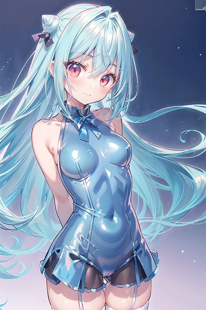 1girl,solo,cowboy shot,standing,(pastel blue hair:1.4),long hair,cone hair bun,hair ornament,hair intakes, ahoge, bangs,(red eyes:1.3),(beautiful fingers:1.4),(perfect anatomy:1.4),(arms_behind_back:1.6),(cold_shoulder:1.2),BREAK,(pastel blue competition swimsuit:1.6),(pastel blue jacket:1.1),(leather lace glossy silk lamé:1.4),(latex luster shiny glossy:1.6),(shiny_clothes:1.6),medium breasts,beautiful breasts,masterpiece,best quality,(Ultra high definition eyes:1.2),8k,(Beautiful detailed eyes:1.2),(Fine and beautiful eyes:1.2),(pretty eyes:1.2),finely detail,extremely CG, absurdres,high resolution,illustration,Detailed and beautiful outlines,finely detail,high resolution,(colorful refraction:1.4,Increase saturation:1.2),beautiful lighting,dynamic lighting,closed room,black background,simple background, smile,looking at viewer,BREAK, blue bowtie, red coat, long sleeves, belt, garter straps,(pastel blue thighhighs:1.4)