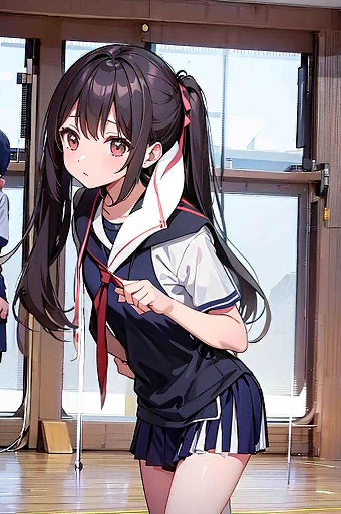 A female student in a sailor uniform is watching a physical education class in the gymnasium because she is feeling unwell