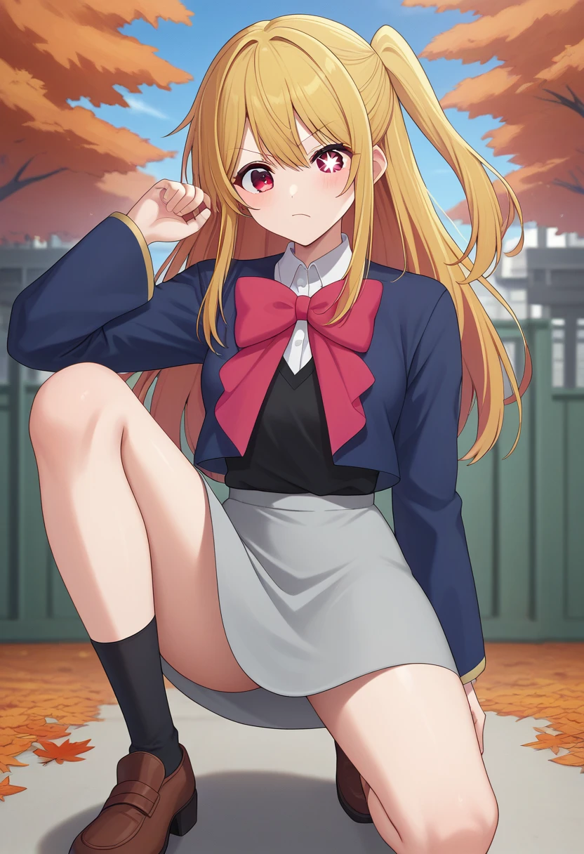 score_9, score_8_up, score_7_up, BREAK source_anime, 1girl, hoshino ruby, blonde hair, long hair, one side up, red eyes, mismatched pupils, star-shaped pupils, , red bow, grey skirt, raised eyebrow, one knee, autumn 