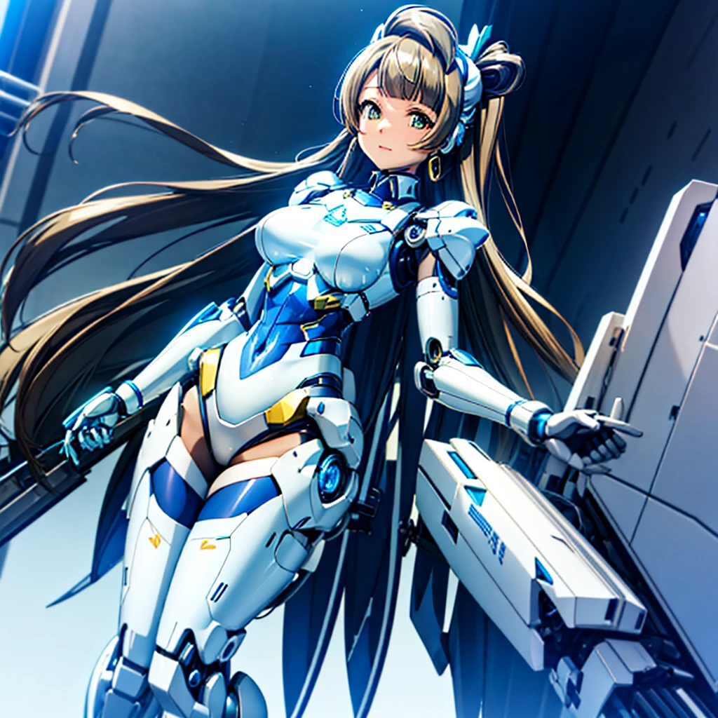 masterpiece, high quality, Inside the Institute of Mechanization、On the operating table during remodeling surgery、Minami Kotori, who has been turned into a mechanical body cyborg、Gynoid cyborg body modification surgery、Blue and white leotard armor、Single image、from the front,Put the whole body