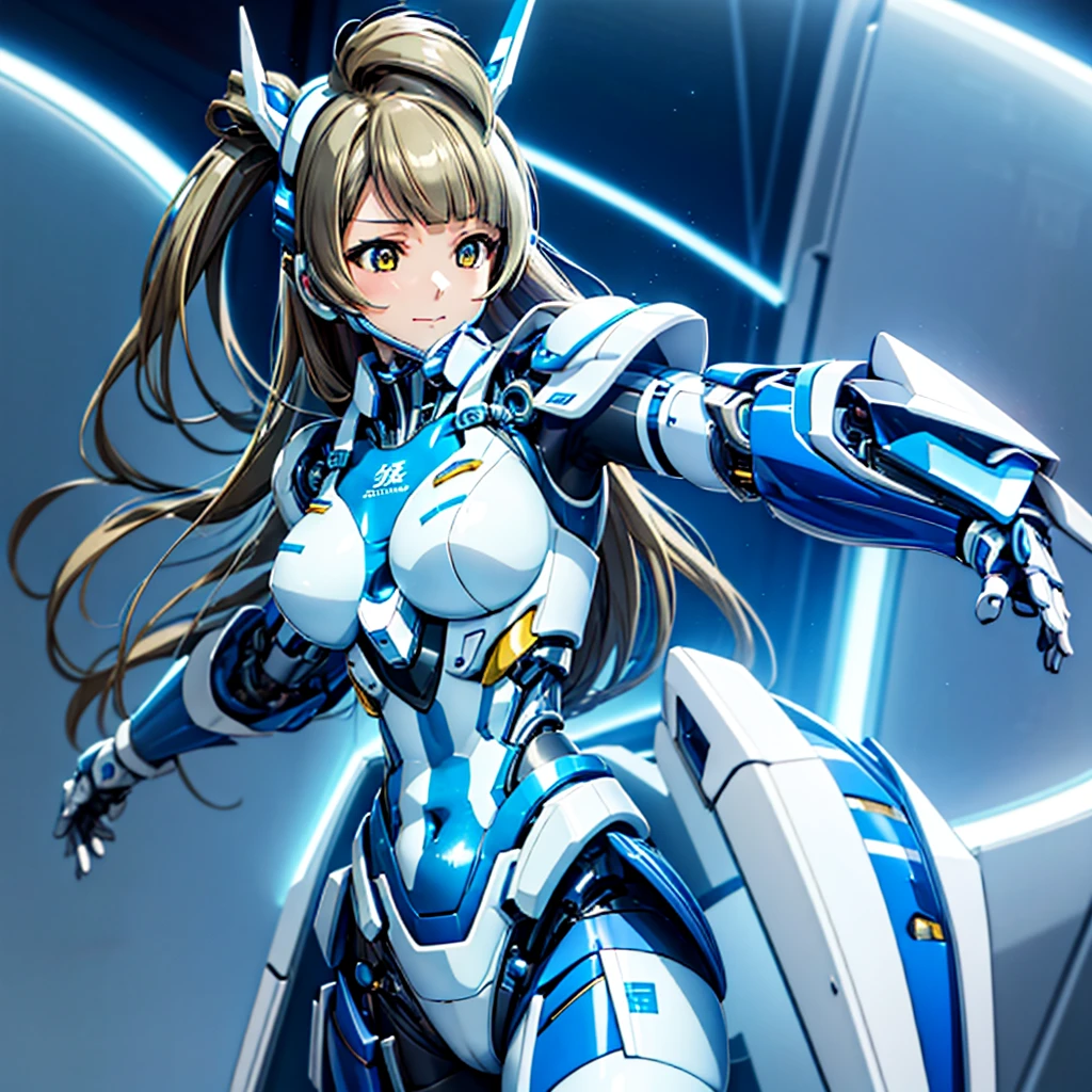 masterpiece, high quality, Inside the Institute of Mechanization、On the operating table during remodeling surgery、Minami Kotori, who has been turned into a mechanical body cyborg、Gynoid cyborg body modification surgery、Blue and white leotard armor、Single image、from the front,Put the whole body