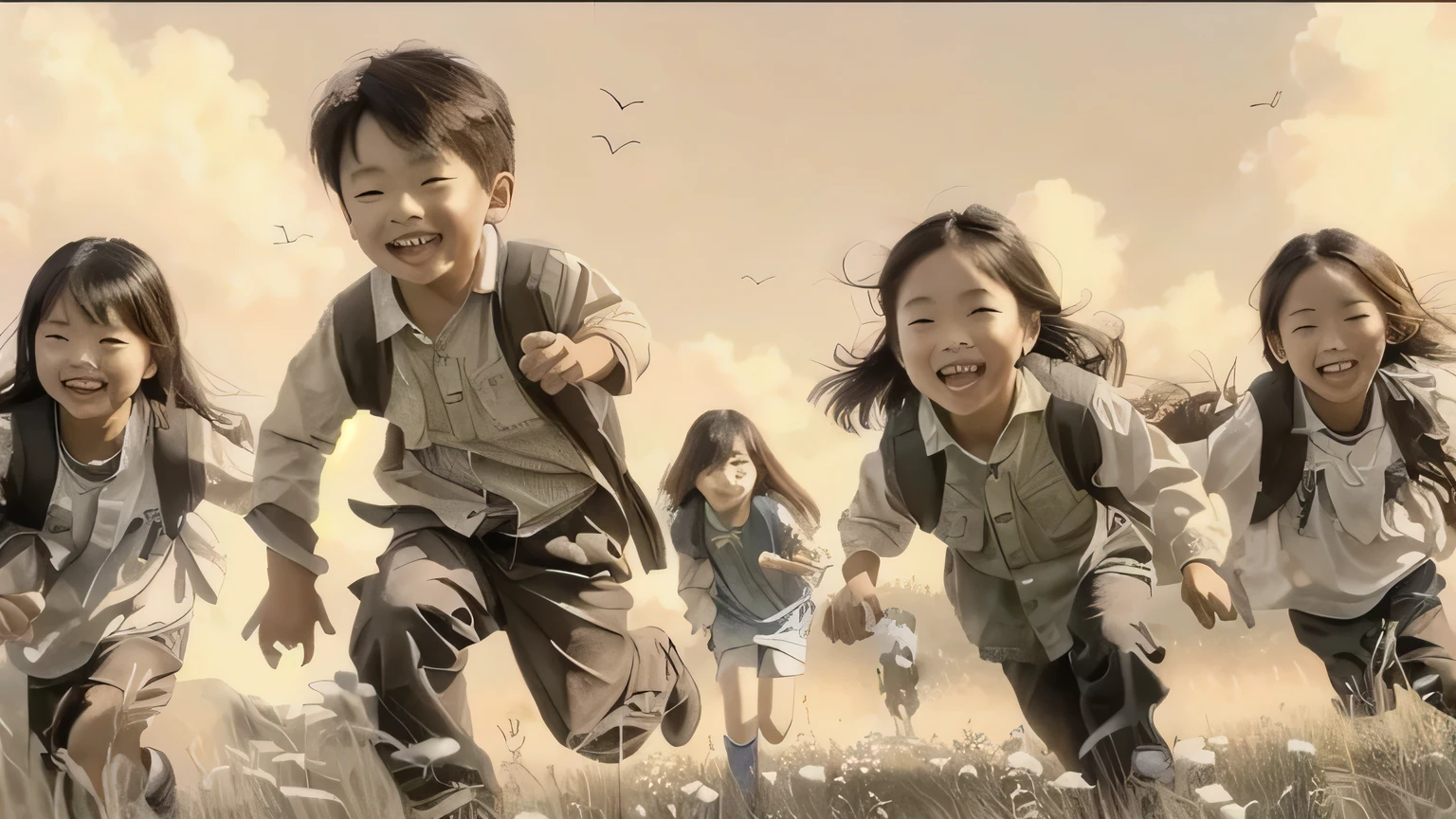 three children running in a field with a bird flying above them, by Kim Eung-hwan, childrens art in artstation, by Rudy Siswanto, epic pencil illustration, by Cao Buxing, by Kim Hwan-gi, by Wen Zhenheng, inspired by Yeong-Hao Han, by Qu Leilei, inspired by Rudy Siswanto