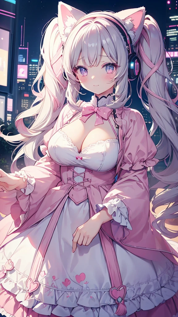 Highest quality、Masterpiece、Super detailed、8K、、1 girl、Gray Hair、Fluffy, soft, loosely curled long hair、Twin tails、Cherry-colored eyes、White and pink lolita outfit、Lace cape、Pink Cat Ear Headphones、Neon city at night、Ribbon hairpin、Lots of ribbon hair accessories、Cleavage、smile、Embarrassed expression、White and pink neon city、Big Tits