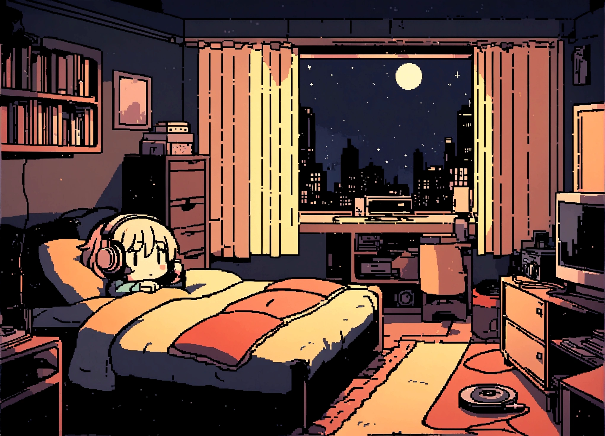 night、Girl listening to music in a cozy room, Using headphones, 2D-style animation, Lo-Fi, hard disk, Dark Environment