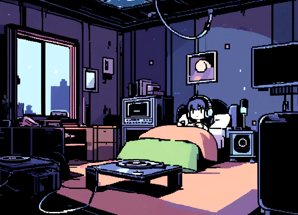 night、Girl listening to music in a cozy room, Using headphones, 2D-style animation, Lo-Fi, hard disk, Dark Environment