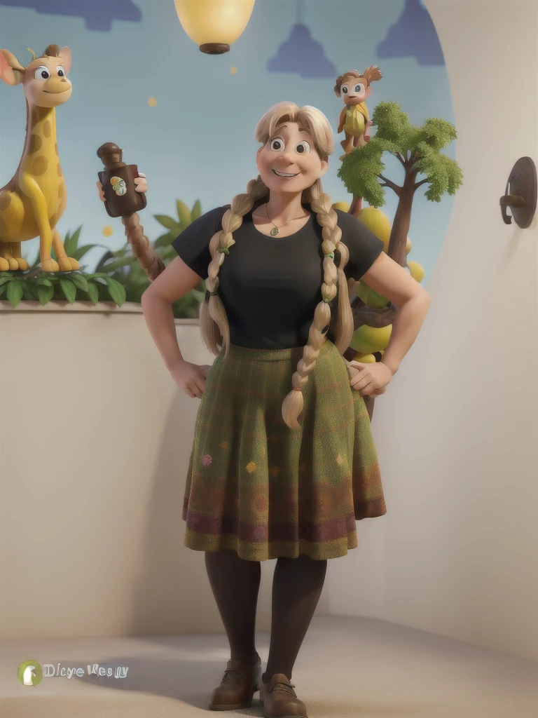 A 50-year-old woman, with long light brown hair with blonde highlights tied up, wearing a colorful skirt with green, yellow and red colors, with open arms, Disney Pixar style, high quality, best quality.