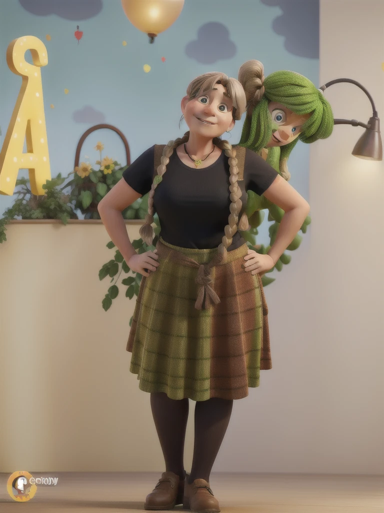 A 50-year-old woman, with long light brown hair with blonde highlights tied up, wearing a colorful skirt with green, yellow and red colors, with open arms, Disney Pixar style, high quality, best quality.
