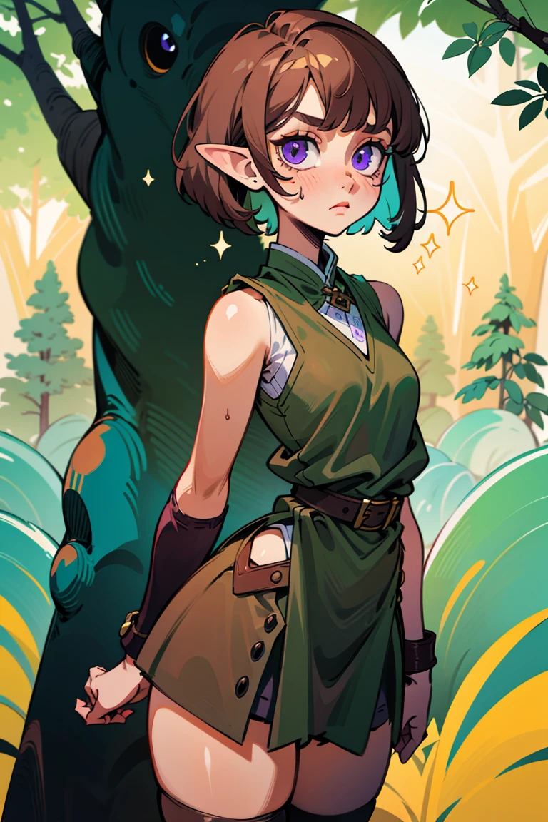 masterpiece, absurdres, 1girl, cowboyshot, tachi-e, mature woman, best aesthetics, small breasts, narrow hips, thick thighs, dark hair, narrow eyes, slanted eyes, brown skin, knee-length dress, round nose, very detailed face, clean lines, dynamic pose, anatomically correct, hyperdetailed, forest atmosphere, beige eyeshadow, clean makeup, violet eyes, detailed hair, sparkling eyes, nature, magic, fantasy, medieval, high fantasy, leather stockings, comfy, cozy, tsurime eyes, , SFW, tunic dress, arms by side, outdoors, trees in background, simple bob haircut, messy bangs, hair framing face, straight hair, elf, adult woman, brown dress, green vest, inked comic, comic art, cell shading, cartoon style