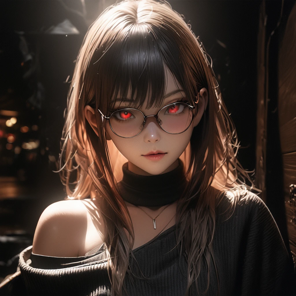 Best quality, masterpiece, ultra high res, (photorealistic:1.4), raw photo, 1girl, offshoulder, in the dark, deep shadow, low key, cold light, glasses, detailed skin, red eyes