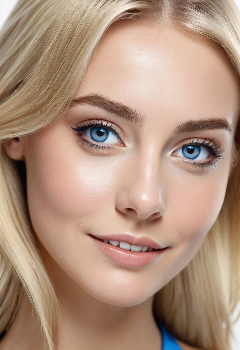 ultra réaliste , 4k , suédoise blonde , épaules dénudées , yeux bleu , forte poitrine , souriante , teint pâle , mince