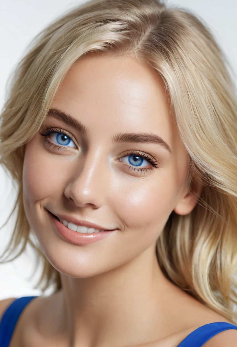 ultra réaliste , 4k , suédoise blonde , épaules dénudées , yeux bleu , forte poitrine , souriante , teint pâle , mince