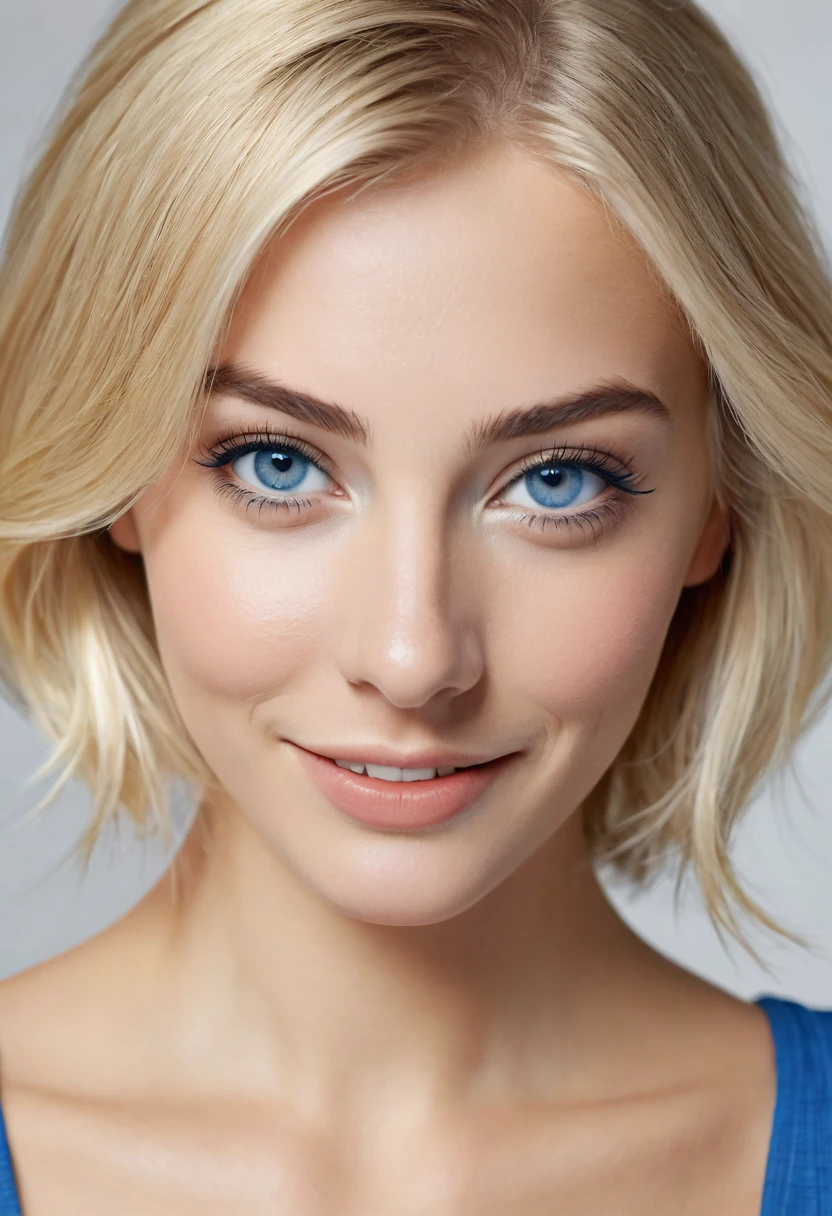 ultra réaliste , 4k , suédoise blonde , épaules dénudées , yeux bleu , forte poitrine , souriante , teint pâle , mince