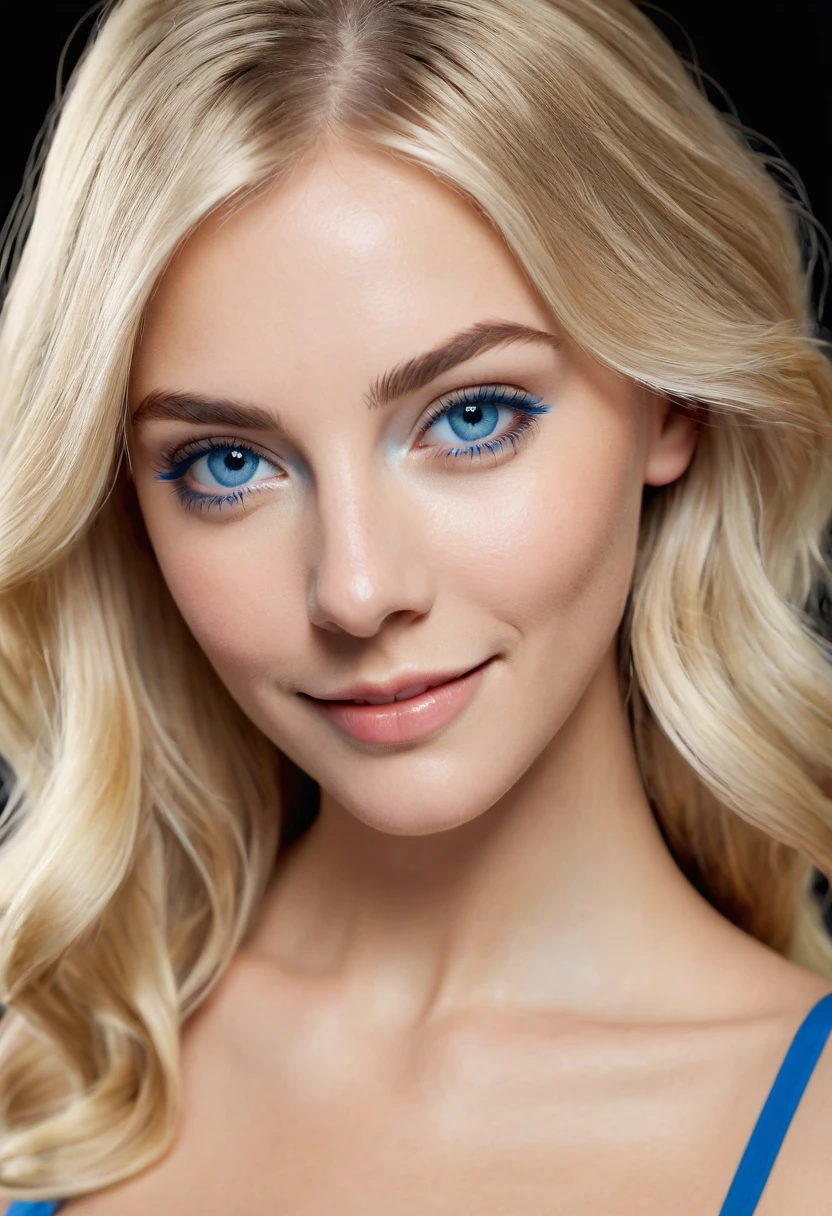ultra réaliste , 4k , suédoise blonde , épaules dénudées , yeux bleu , forte poitrine , souriante , teint pâle , mince