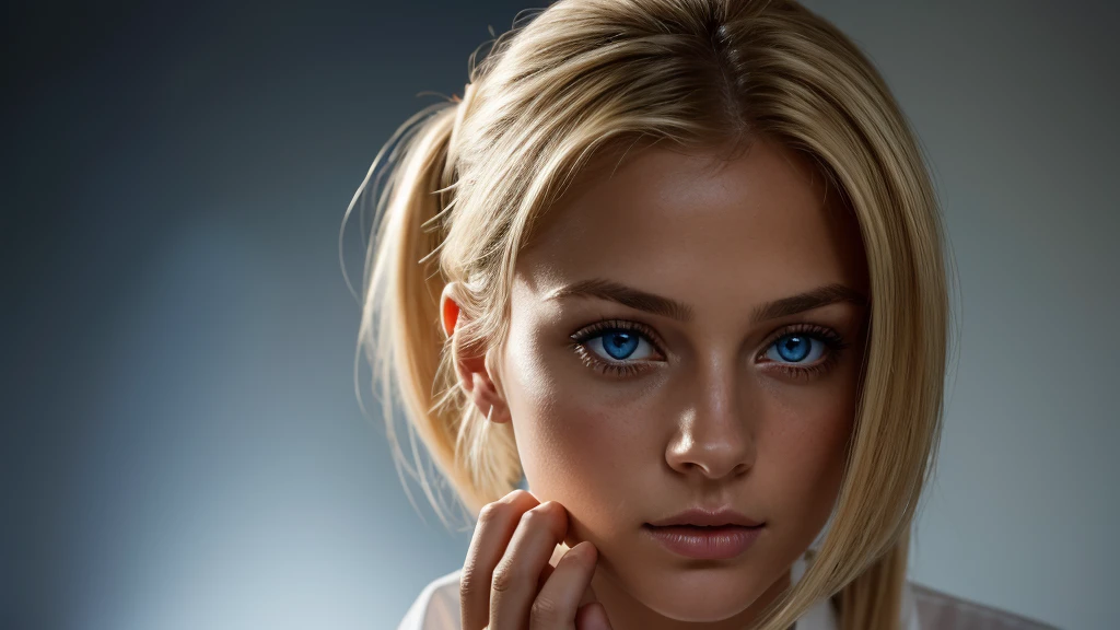 a beautiful woman alone praying on her knees and holding hands in prayer, dark background, close-up of a beautiful white woman wearing white shirt, dark blue eyes, blonde hair tied in a tight ponytail, beautiful detailed face, natural lighting, realistic, cinematic, beautiful.