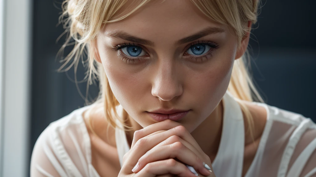 a beautiful woman alone praying on her knees and holding hands in prayer, dark background, close-up of a beautiful white woman wearing white shirt, dark blue eyes, blonde hair tied in a tight ponytail, beautiful detailed face, natural lighting, realistic, cinematic, beautiful.