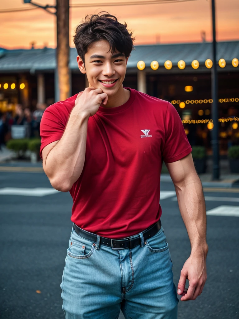 (best quality, 4K, 8K, high resolution, Masterpiece: 1.2), Special details, (realistically, As realistic as a photo, photo realistic: 1.37), Edge lighting, Extra detailed coloring, sharp focus, Physical rendering ,Extremely detailed description,professional,light color,Bokeh,Portrait,look at the viewer,
Young Asian man, 20 years old ,(wearing a red t-shirt), smile