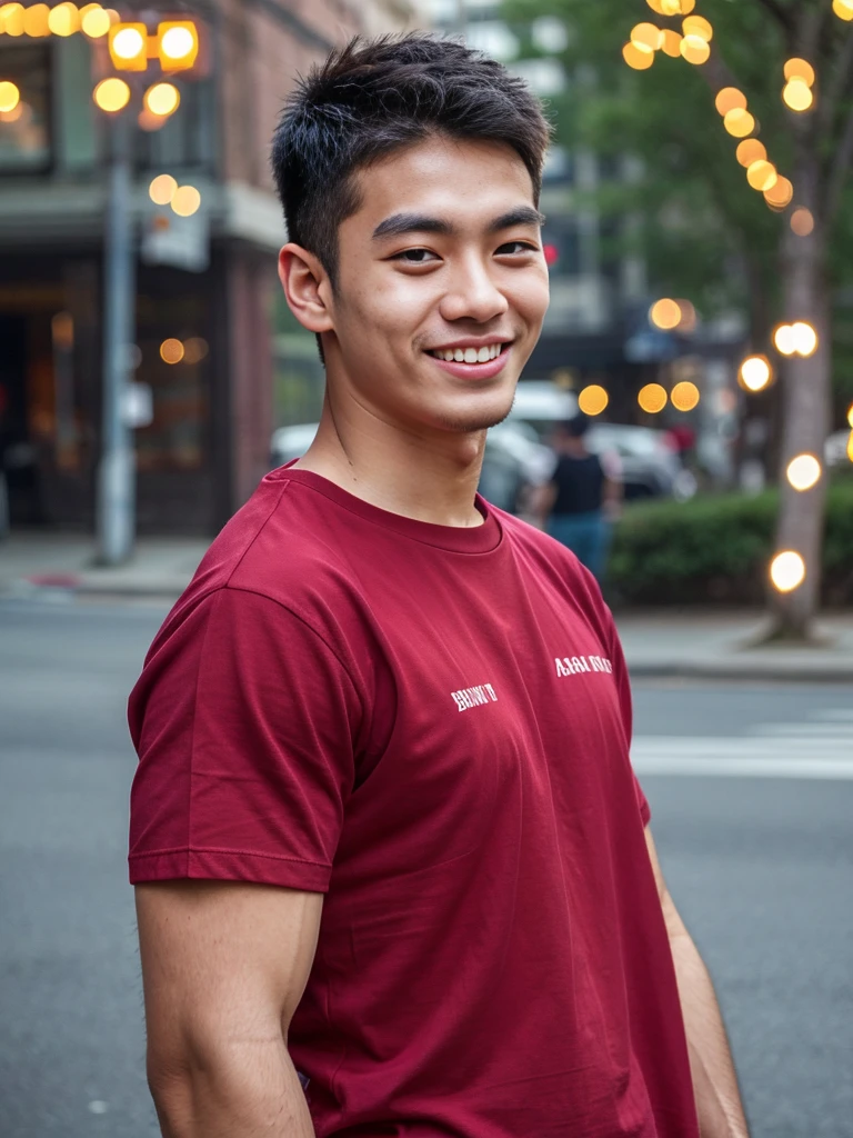 (best quality, 4K, 8K, high resolution, Masterpiece: 1.2), Special details, (realistically, As realistic as a photo, photo realistic: 1.37), Edge lighting, Extra detailed coloring, sharp focus, Physical rendering ,Extremely detailed description,professional,light color,Bokeh,Portrait,look at the viewer,
Young Asian man, 20 years old ,(wearing a red t-shirt), smile