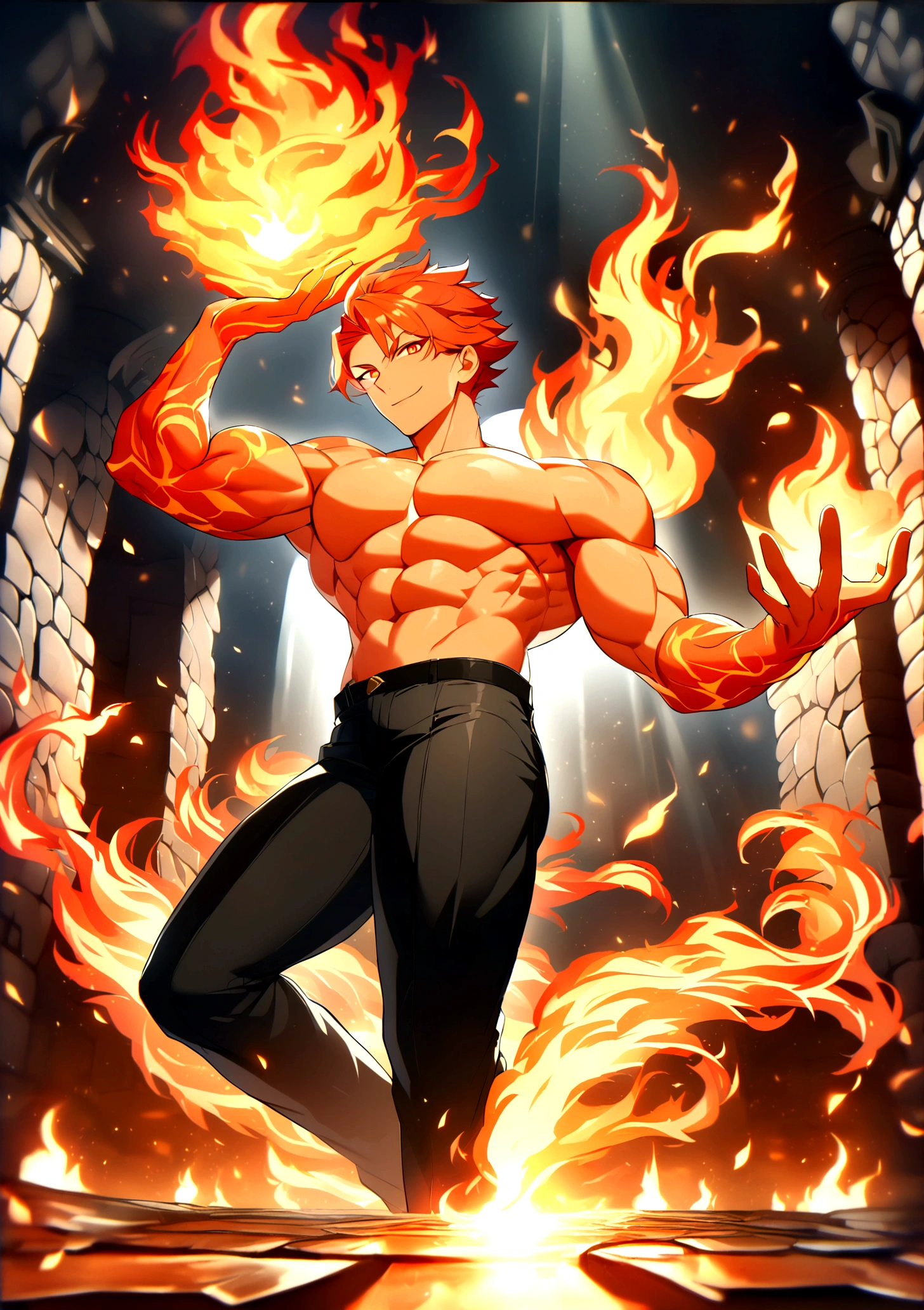 masterpiece, Top quality, 16k uhd, Stand, 1 male fire genasi with orange skin, Fire Wizard, no top, Free upper body, Six-pack muscles, muscular physique, elegant black trousers, fiery burning flame hair, Fire Mage, a swirling fireball hovers above his left hand, Magical setting, Confident Pose, devilish smile. highly detailed facial and skin texture, detailled eyes, square eyebrows, Amber eyes with sparks, Fine facial features, chiseled jawline, Shiny orange skin with smoky undertones