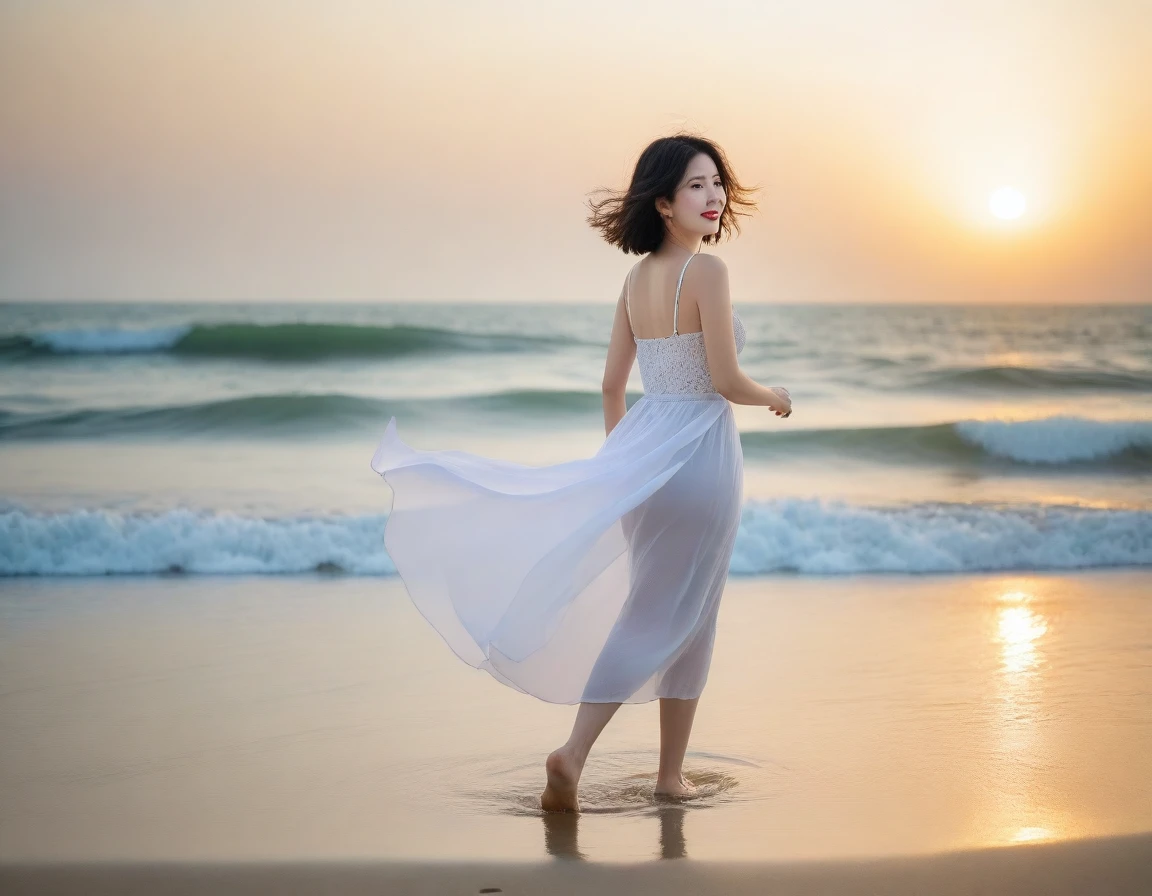 8K, sunset red sun on the beach，A strong lingering scent is reflected in the sea., Beautiful 36-year-old short Korean woman, Chest size 34 inches, Wear sleeveless, light and short white skirt. beautiful pretty woman look , wearing a light skirt , Go far into the sea water and dip your toes., Short medium hair blowing in the wind, 1 woman, beautiful eyes, a little smile, Full-body photo taken from afar with a wide-angle lens, Danang Beach in Vietnam with clean and perfect background, the waves are coming, The picture quality is very clear and clear