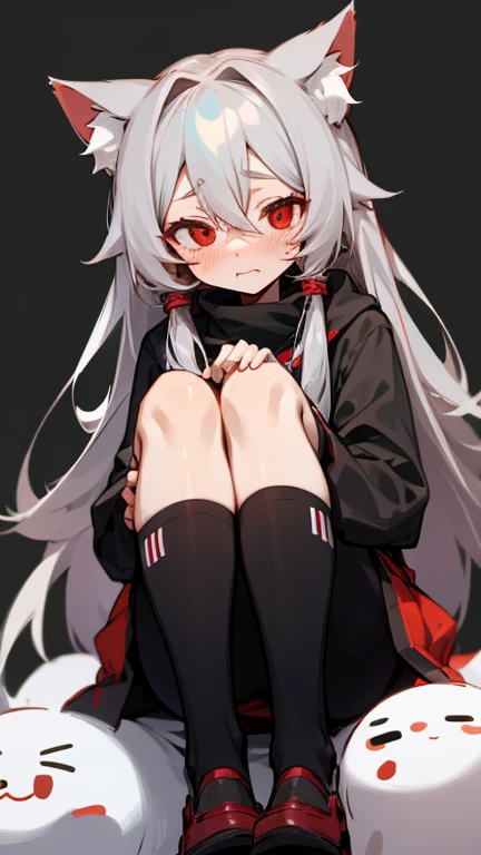 Highest quality　I have long hair　Gray Hair　Hina Sorazaki　Red eyes　I don't have anything　Odd Eye　kind　Cat ear　Embarrassed　Background Black　Two people