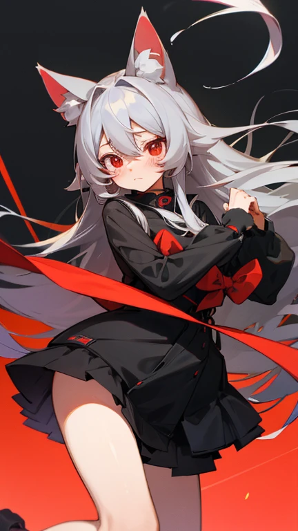 Highest quality I have long hair Gray Hair Hina Sorazaki Red eyes I don't have anything Odd Eye kind Cat ear Embarrassed Background Black Two people