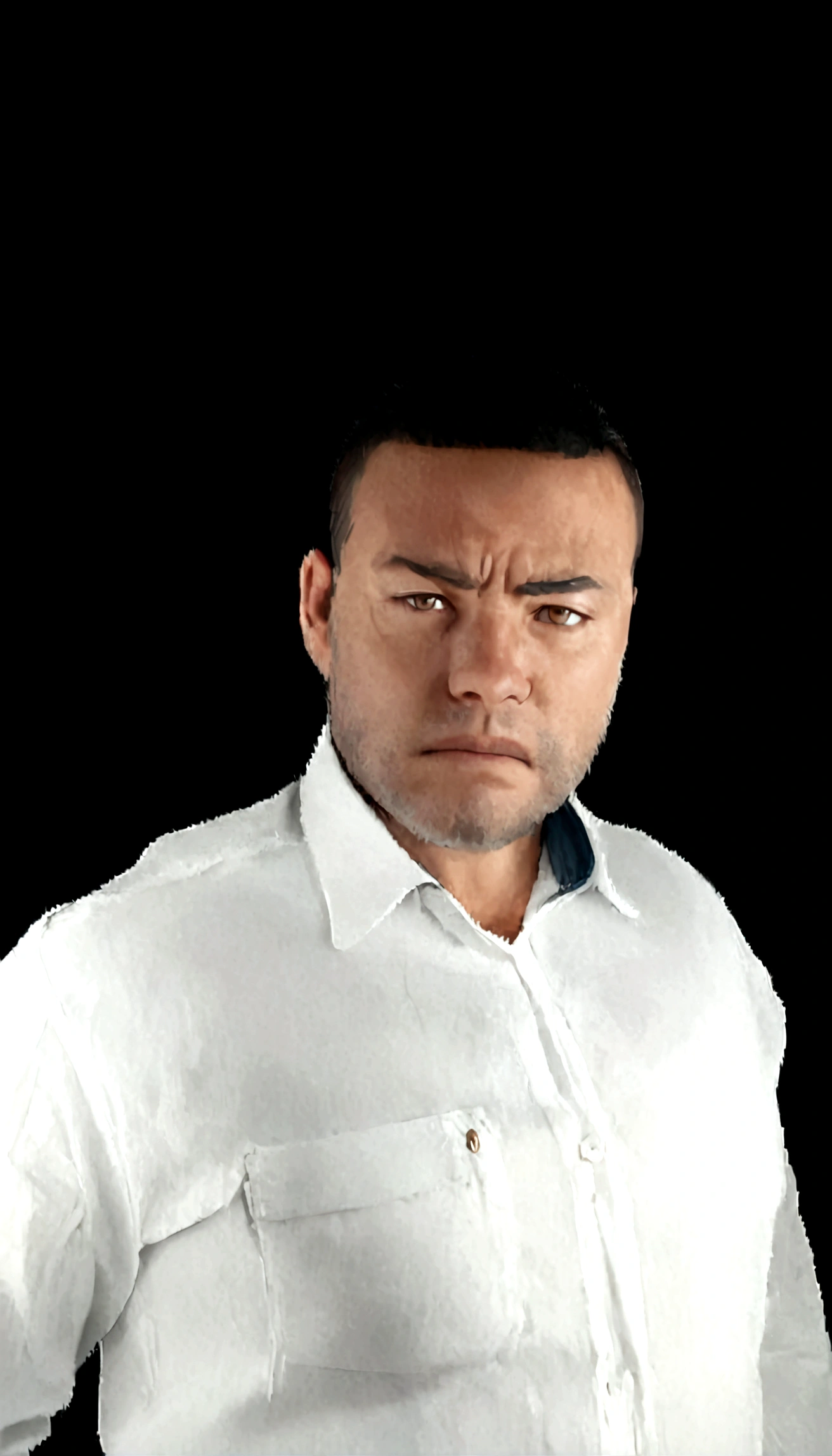 white, black hair, serious, didactic, brown eyes, postured