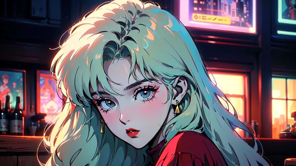 (80's, Retro, City Pop:1.5), (Album cover), (masterpiece, Highest quality, Exquisite detail), (anime, figure), (pastel colour:1.3), Best Photo Poses, Dynamic Angle,girl, alone, cool, Delicate face, Blonde Hair, The stylish, dimly lit interior of the bar，City of night,  Holding a cigarette，
