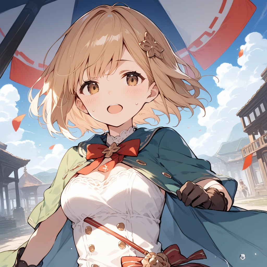 score_9, score_8_up, score_7_up, source_anime, best quality, masterpiece, official art, absurdres, highres, ultra-detailed,waifu2x,Collection: Slice of Life,break,djeeta \(granblue fantasy\),short hair, blonde hair, gloves, brown eyes, medium breasts, sweat, open mouth, sleepily,  outdoors, wind,break,(clear line illustration:1.2), super detailed skin,very high resolution, very aesthetic, Best sexual lighting powered by famous artist, 8k,cute picture,beauty illustration,photoshop_(medium),,(Detailed Lighting),best anime 8k konachan wallpaper, pixiv contest winner, 