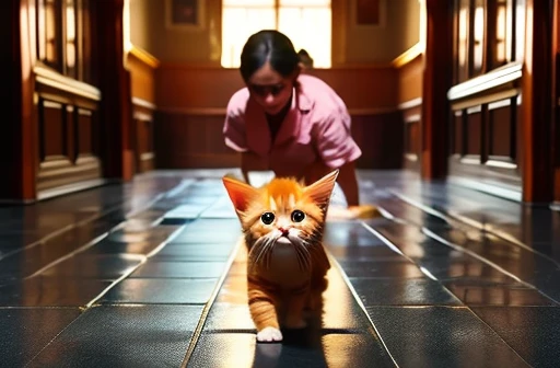 "Inside the dreary orphanage, an orange kitten named Mia endures constant mistreatment. She is often forced to perform heavy chores such as scrubbing floors and carrying large buckets of water, far beyond her strength. Other orphans and staff are indifferent or outright cruel, pushing her around and denying her sufficient food. Mia's once bright fur is now dirty and matted, and her eyes reflect deep sorrow and exhaustion. The cold, dimly lit corridors and the stern, unfriendly faces around her amplify her sense of abandonment and despair.”