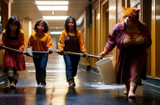 "Inside the dreary orphanage, an orange kitten named Mia endures constant mistreatment. She is often forced to perform heavy chores such as scrubbing floors and carrying large buckets of water, far beyond her strength. Other orphans and staff are indifferent or outright cruel, pushing her around and denying her sufficient food. Mia's once bright fur is now dirty and matted, and her eyes reflect deep sorrow and exhaustion. The cold, dimly lit corridors and the stern, unfriendly faces around her amplify her sense of abandonment and despair.”