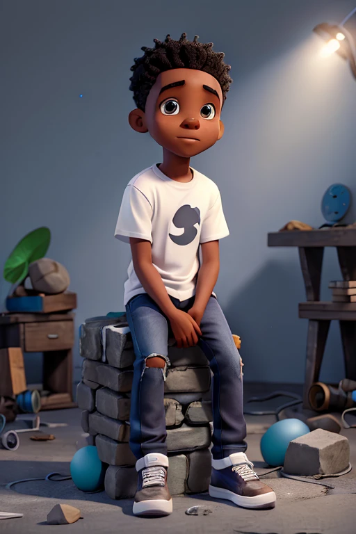 black boy dressed in jeans, White T-shirt and sneakers. Sitting on rubble stone, wrapped and colored lights in film, futurism