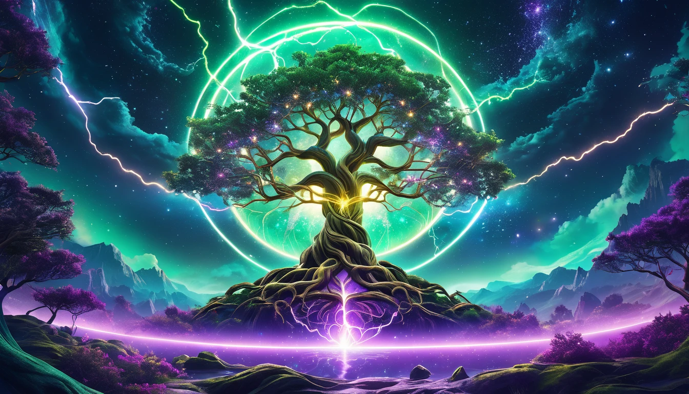 yggdrasil tree, universes green, gold, purple, neon, cosmos, magic, infinity, aesthetic, beautiful, realistic, high detail, high resolution, neon lightning