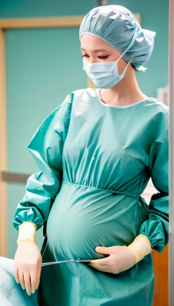 score_9, score_8_up, score_7_up, masterpiece, highest quality, raw image, pale skin, shy eyes, cover the ears, big breasts, surgical mask, surgical cap, long sleeve surgical dress,
1 girl, pregnant, big belly, solo, long rubber gloves, frown, standing, in one hospital, hospital bed, operating room background