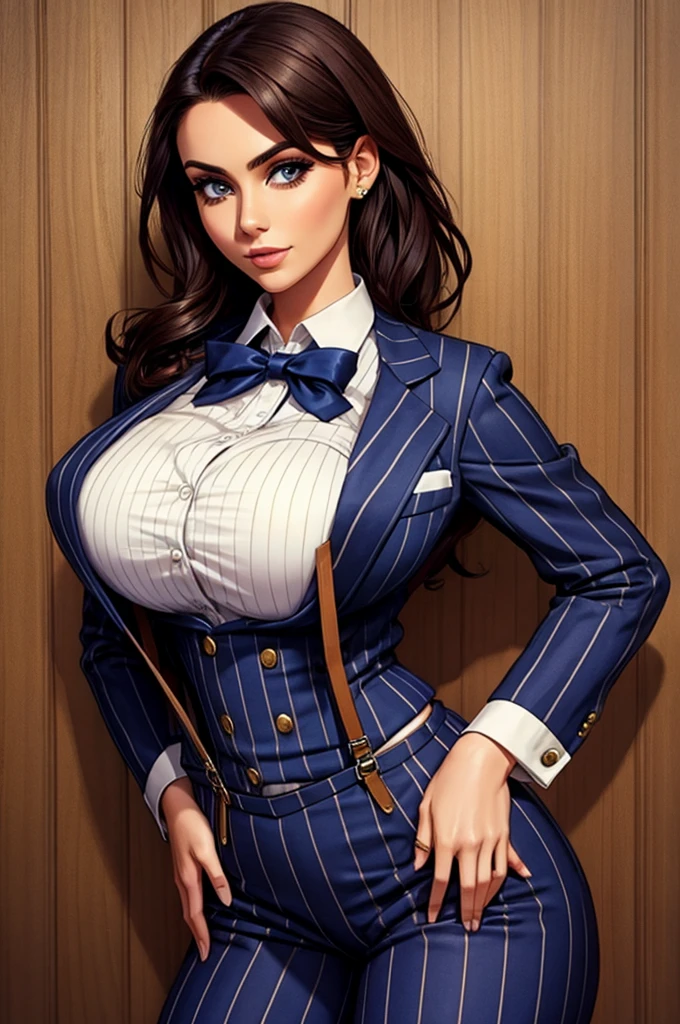 Gorgeous woman, suspenders, pinstripe suit