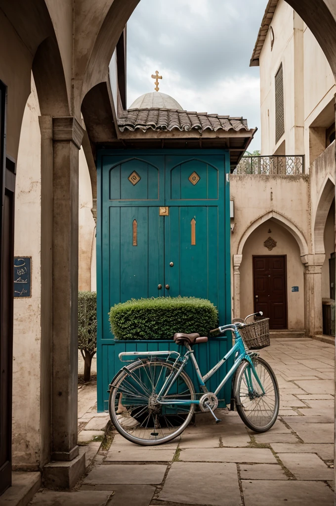 Muslim mosque courtyard
A view of a bicycle parked on a stand in the courtyard of a roadside church. A school bag on top of the bicycle. There should be no man, no creature, no plant