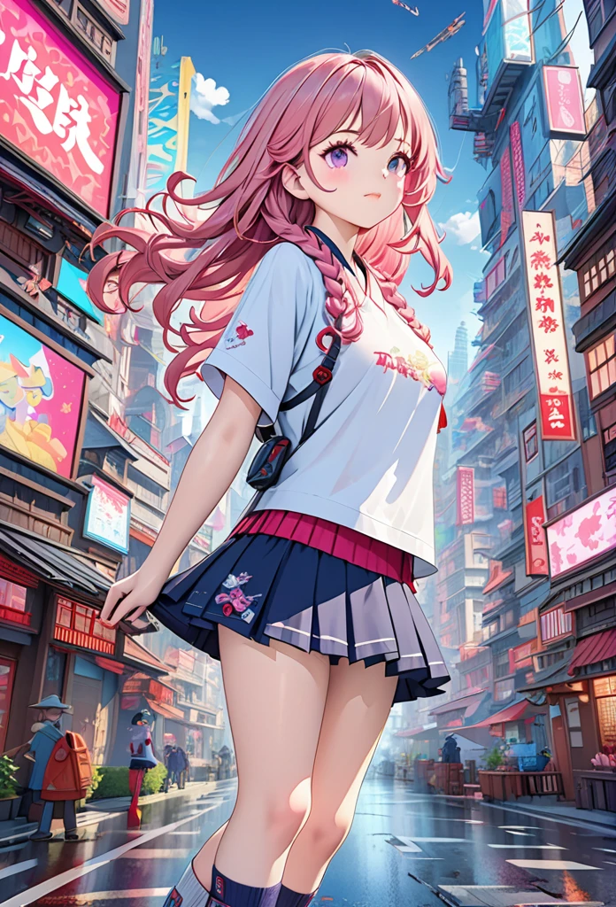 high resolution, best quality, masterpiece, Very high image quality, Extremely detailed, Surrealism, 3D, Japanese cartoons, illustration, fantasy, Hard Rock Girl, very beautiful and cute, Pink wavy hair, Side braids, mini skirt, Knee socks, Engineering boots, Background cyberpunk city galaxy  